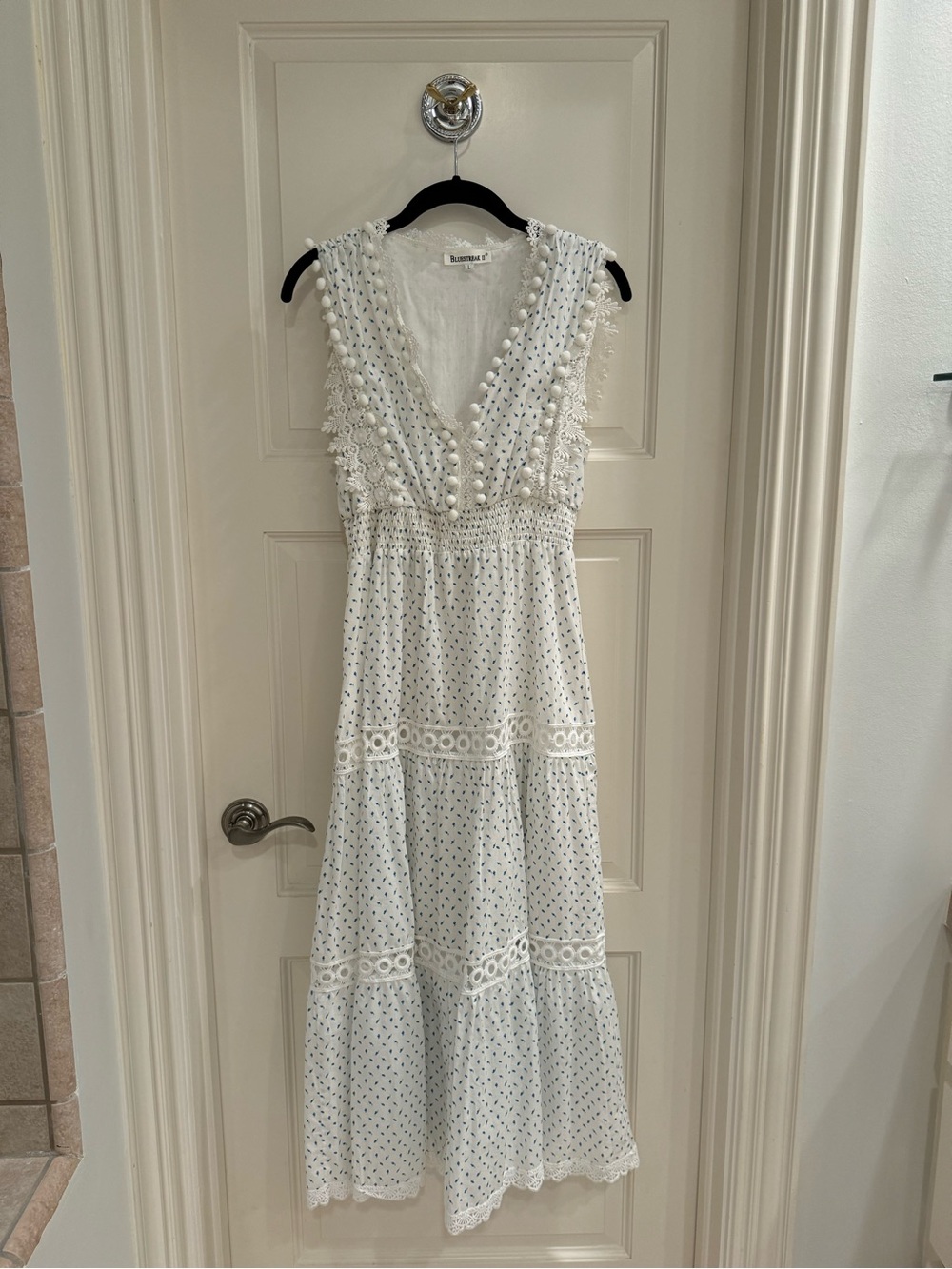 Bluestreak II White Eyelet Maxi Dress with Pom-Pom Trim